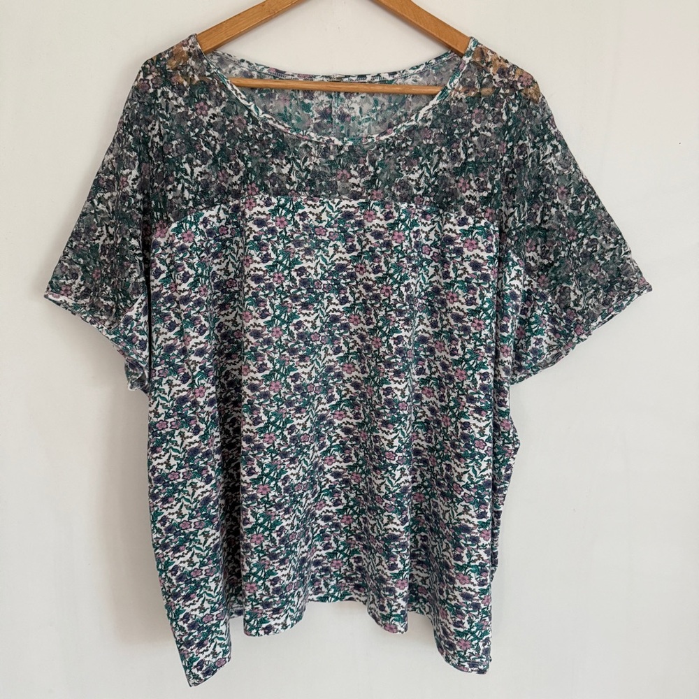 Unbranded Women Purple Floral Lace Shoulders Pullover Blouse Plus Size 3X